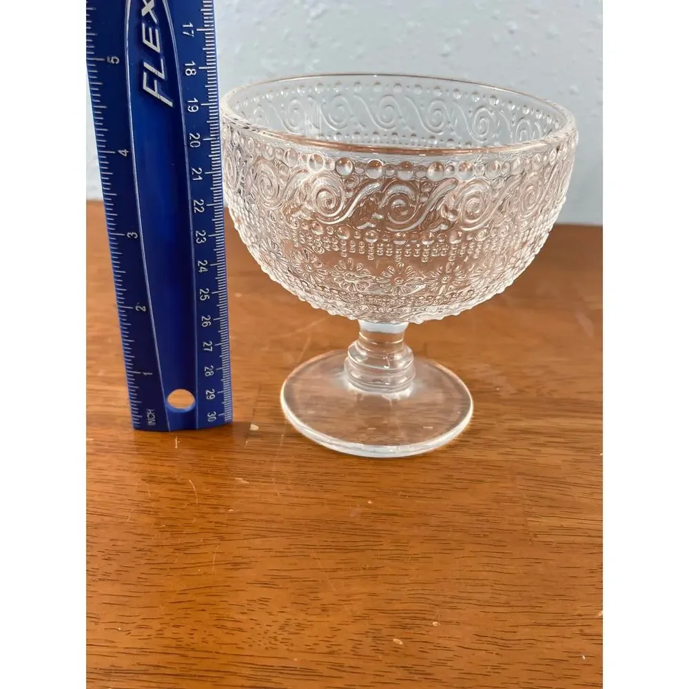 VTG Clear Pressed Glass Footed Sherbet Dessert Cups Set 4 Embossed Daisy Swirl